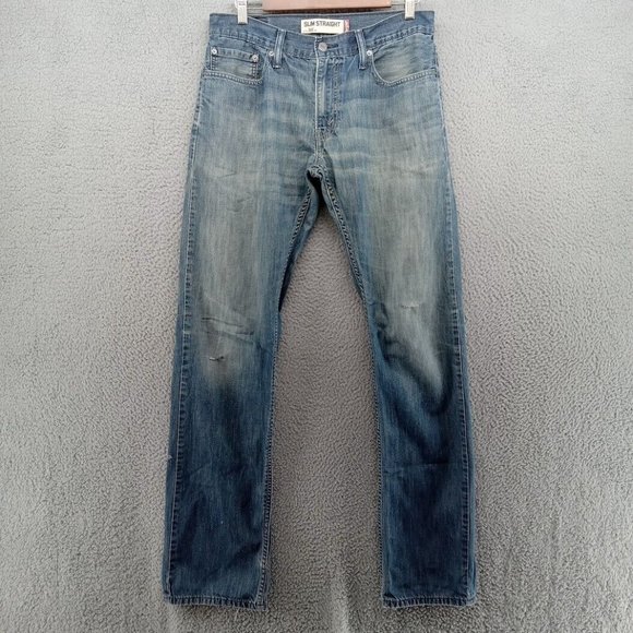 Levis Jeans Mens 32x34‎ Blue Distressed Thrashed 514 Slim Straight Classicore - Picture 1 of 12